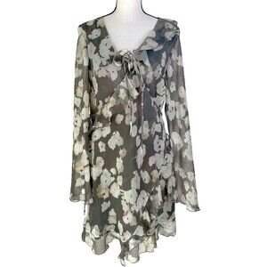 Topshop tie front long sleeve mini tea dress in abstract print